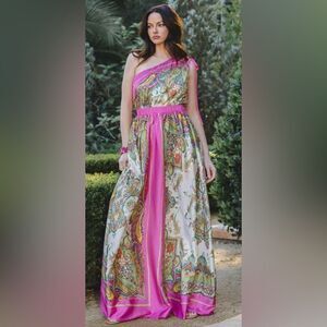 SATIN BORDER PRINT ONE SHOULDER
MAXI DRESS